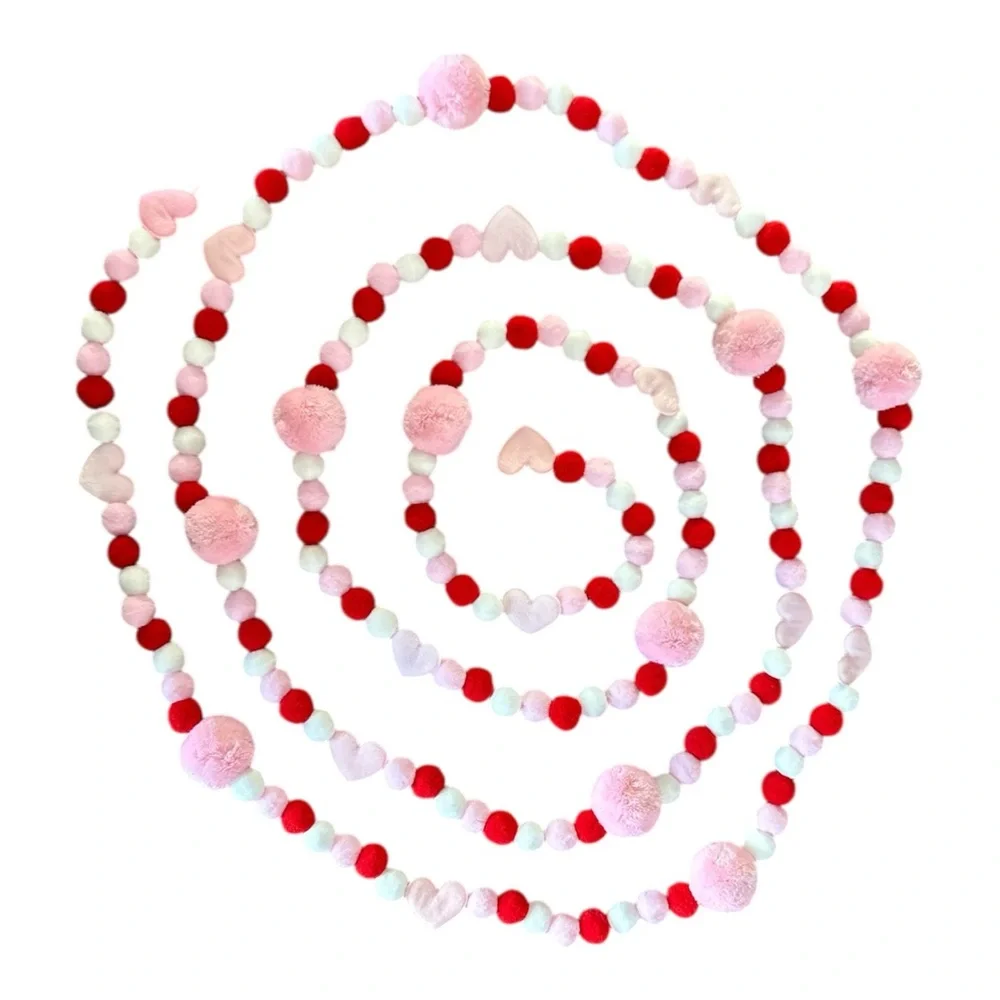 14 ft Valentine's Day Red White Pink Hearts Pom Pom Garland Handmade on Wire